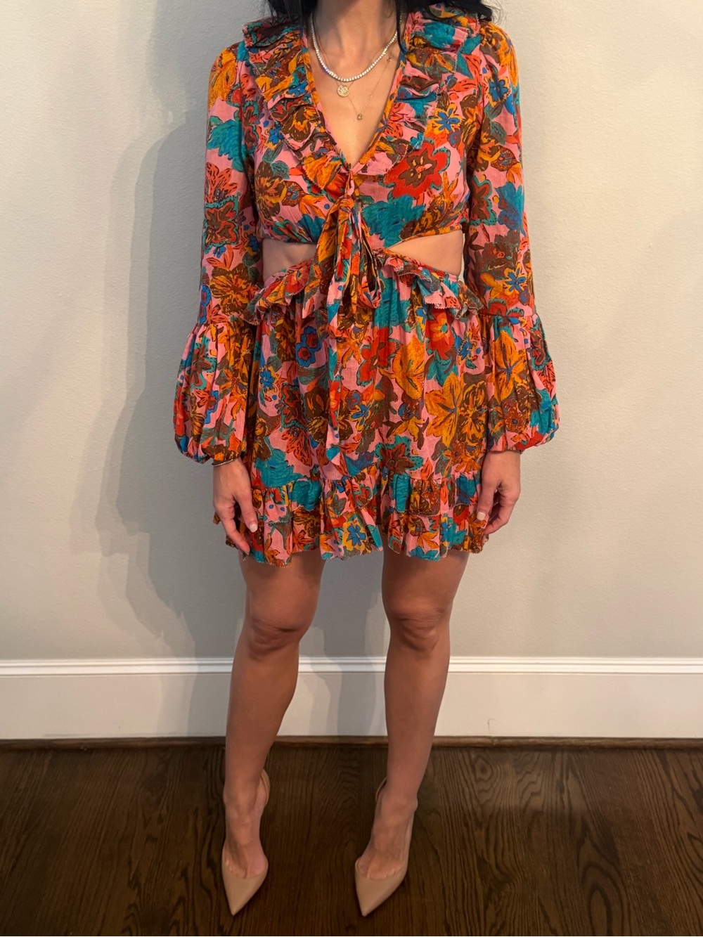 Tie-Front Floral Cutout Mini Dress in Orange and Teal